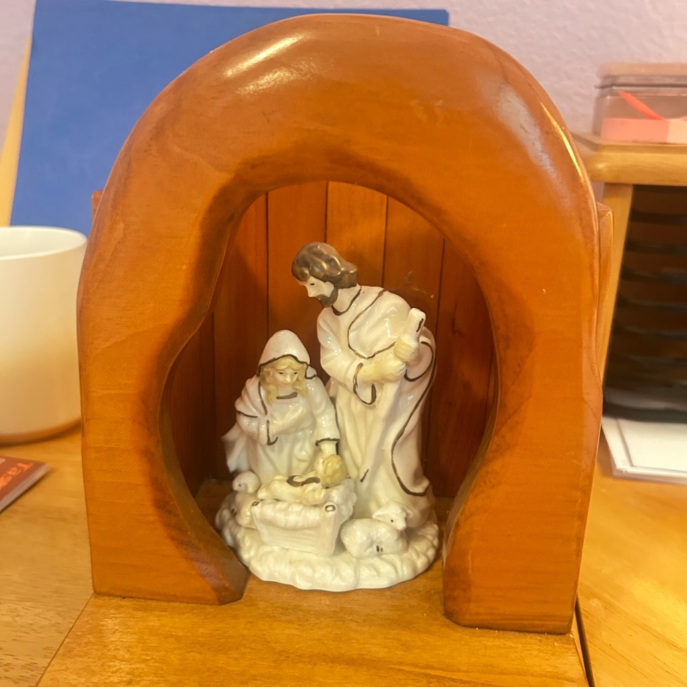 Ceramic Nativity Figurine in Wood Display